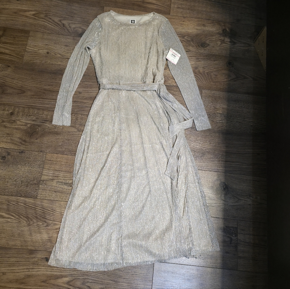 Anne Kline Elegant Gold Champange Colored Long Sleeve Shimmer Dress Size 10